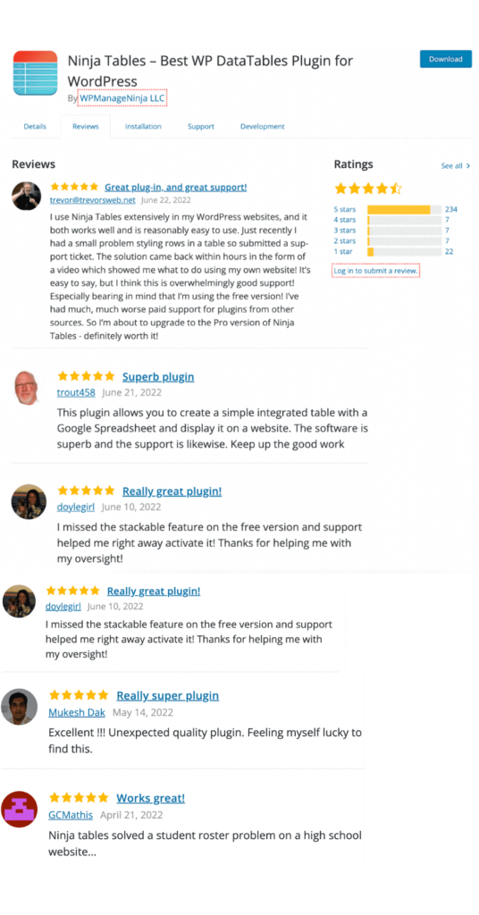 Ninja Tables user reviews