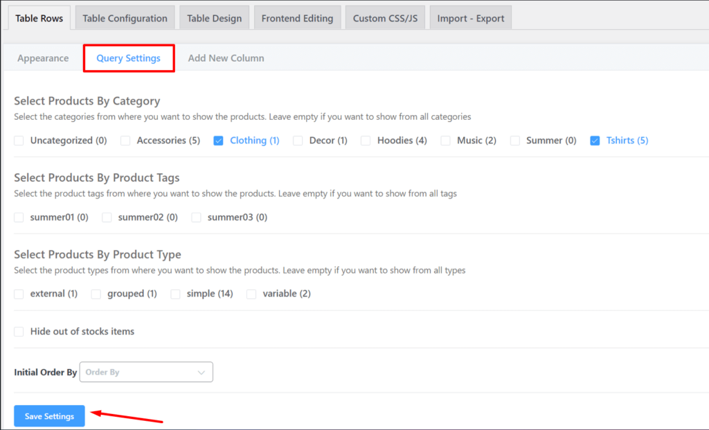 Set up query settings of your product table