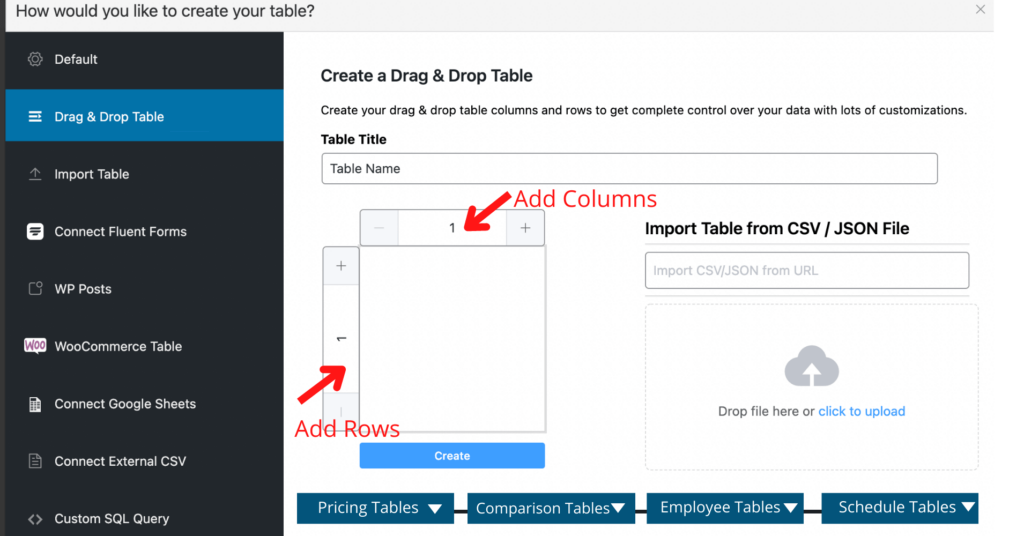 Select drag and drop table and add rows and columns