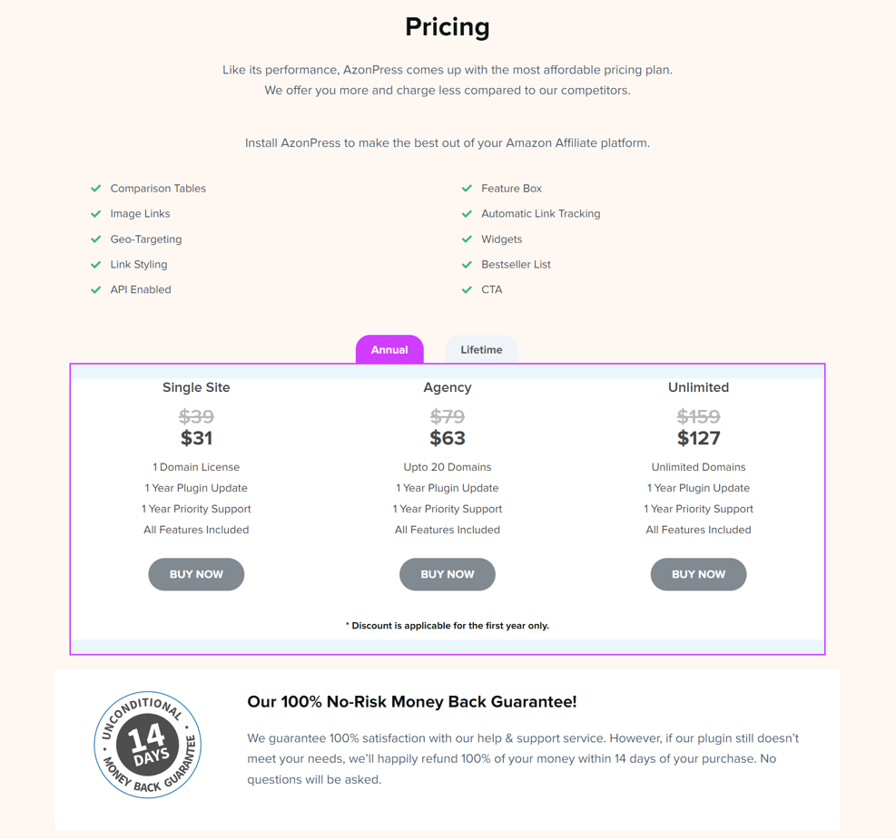AzonPress pricing table