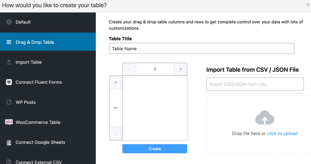 import-export tables in drag and drop
