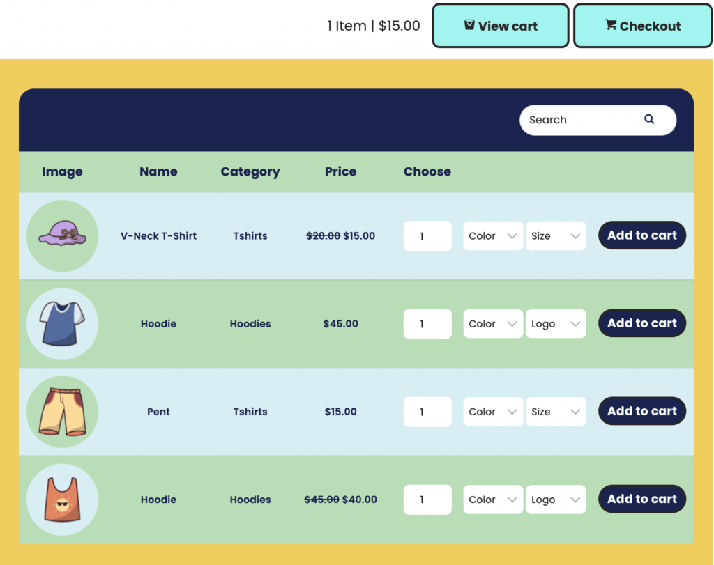 WooCommerce product presentation in table