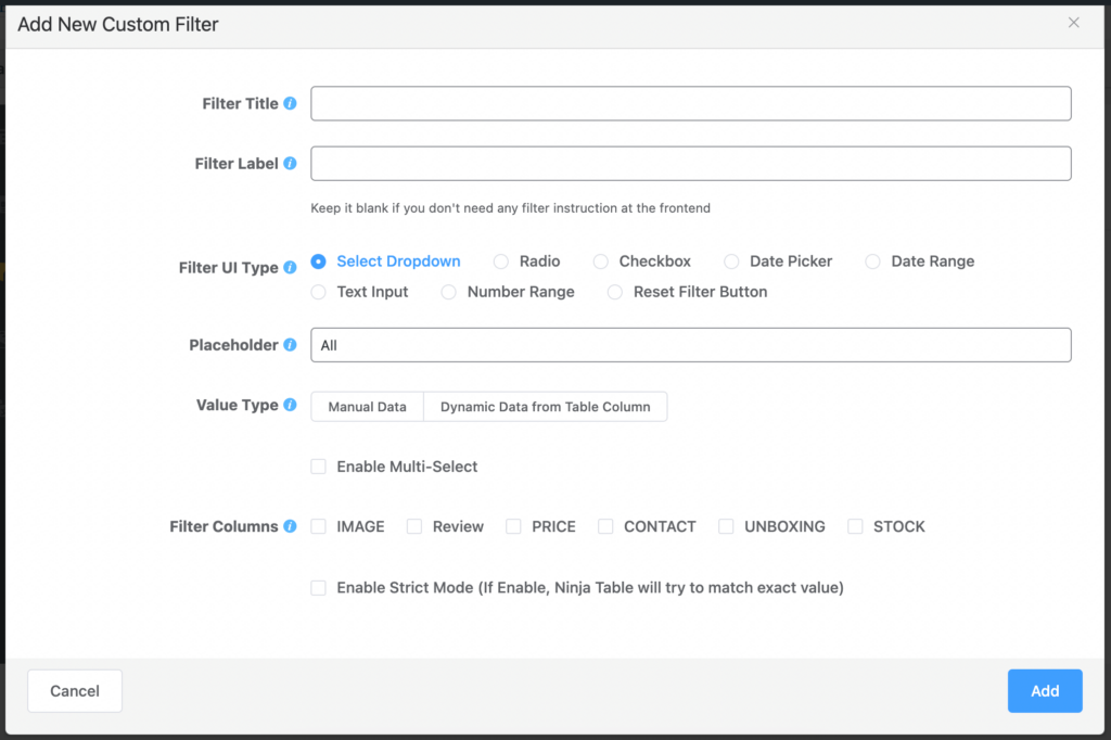 select the type of filter in ninja tables