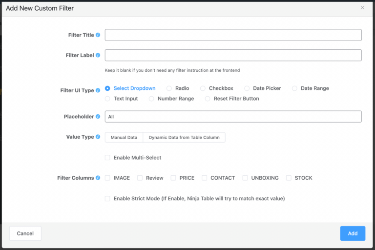 Custom Filter Data Table