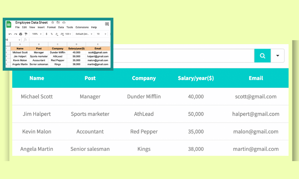 display Google Sheets data in online table