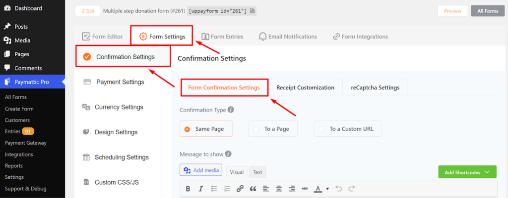 Payment confirmation settings in Paymattic