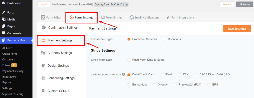 Payment method settings in Paymattic