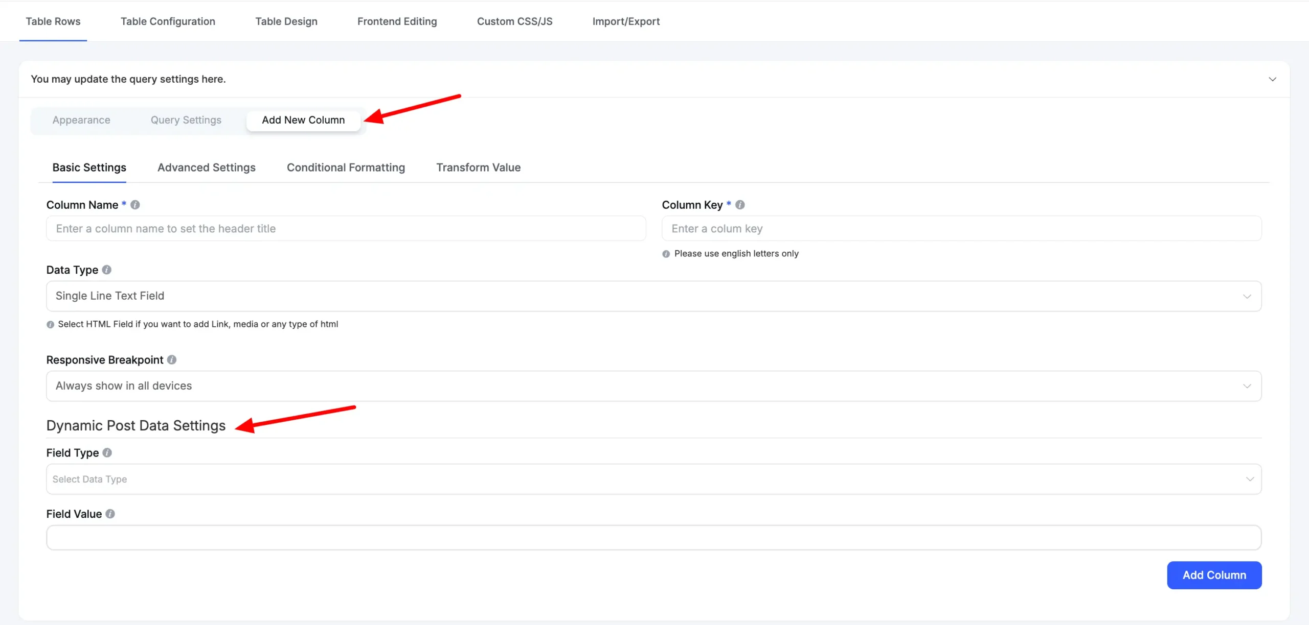 Dynamic Post Data Settings
