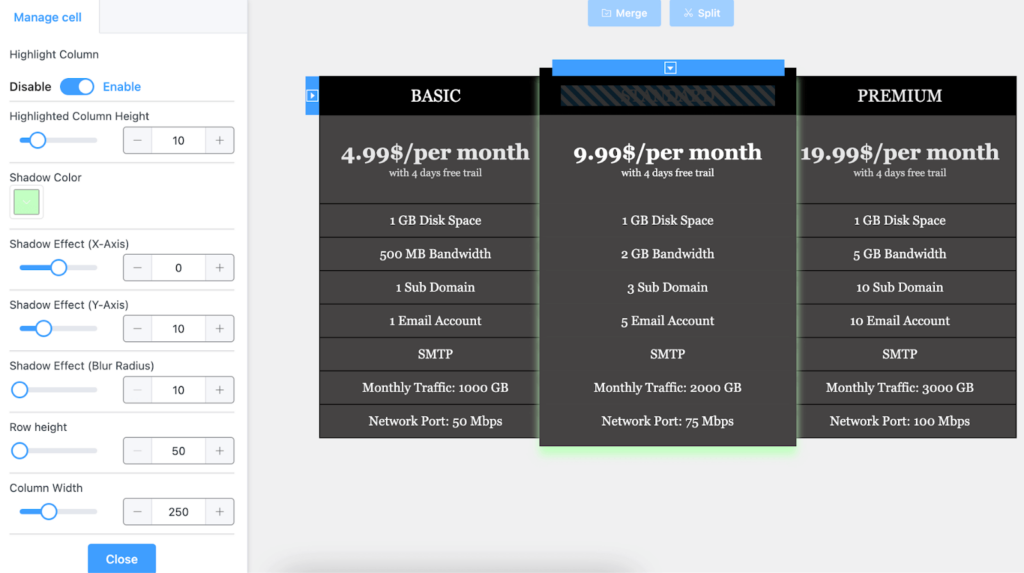 highlight table column in Ninja Tables Drag and drop table