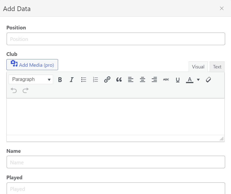 Add row data associated with the columns