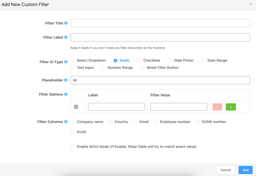 custom filters for table data