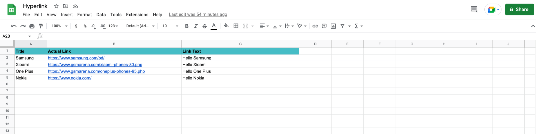 google sheets data in table
