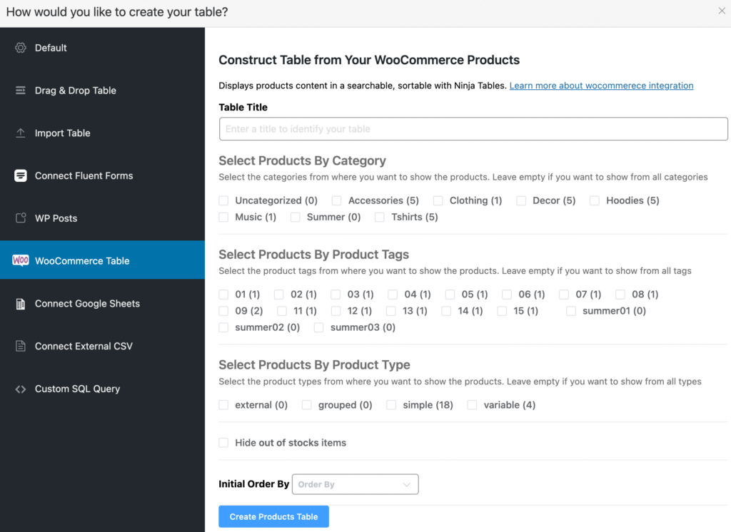 select woocommerce table