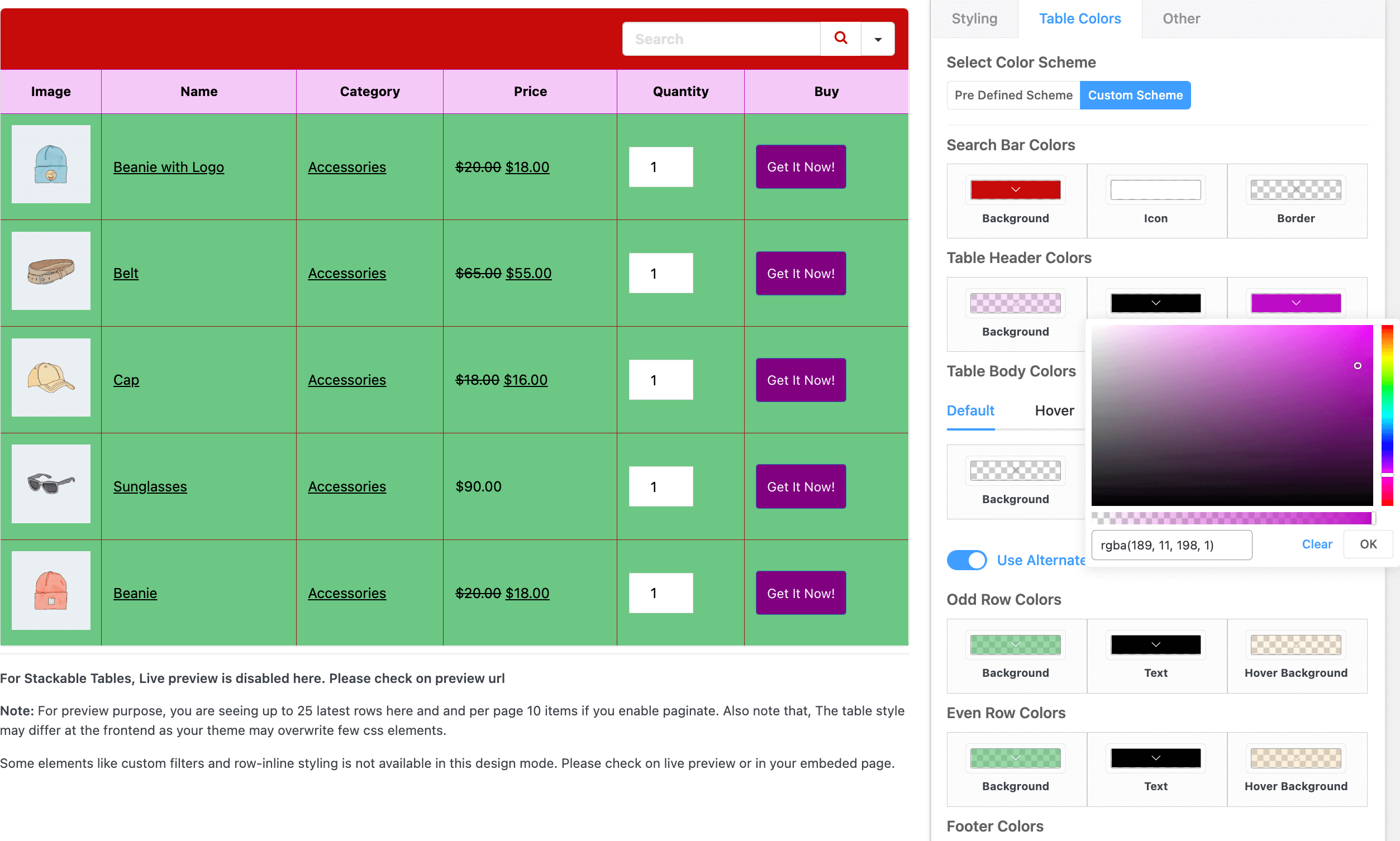 christmas product table colors