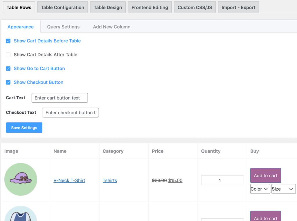 customize product table