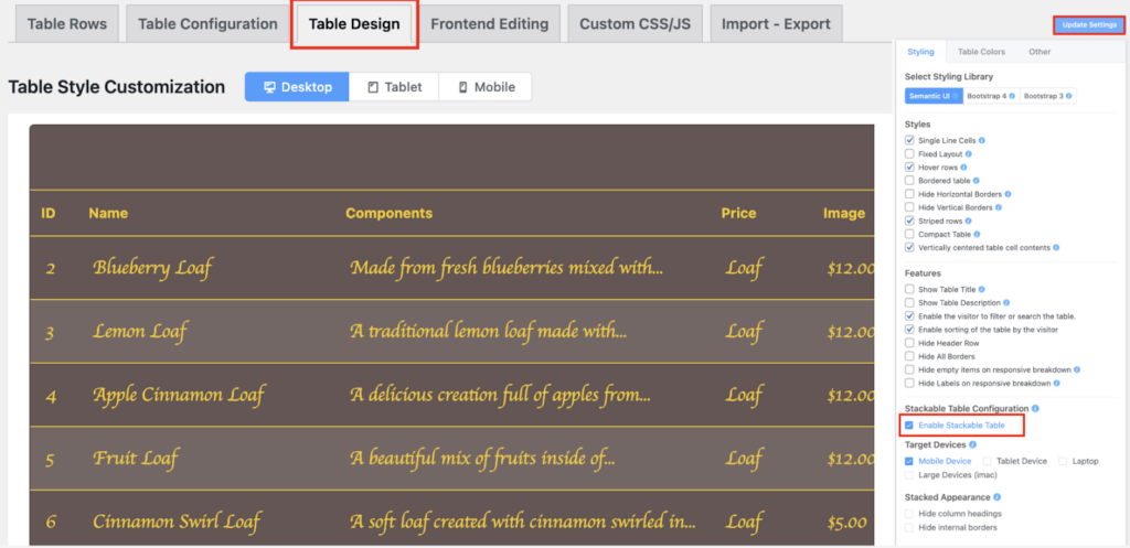 Enable Stackable Table