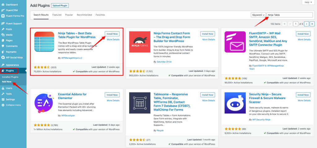 Search, install and activate Ninja Tables