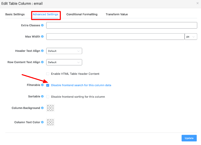 search filter functionality in table columns