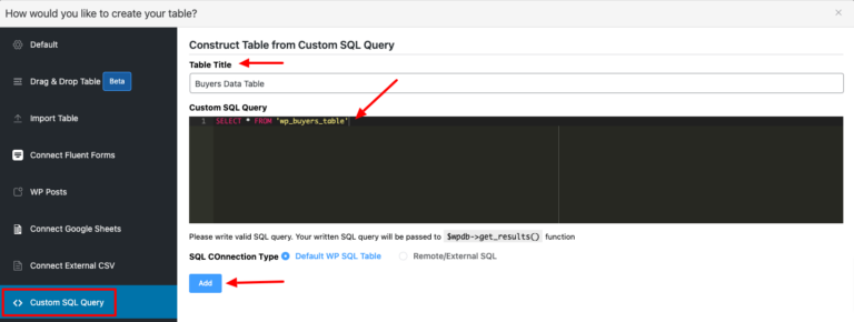 Create Table from Custom SQL - Ninja Tables