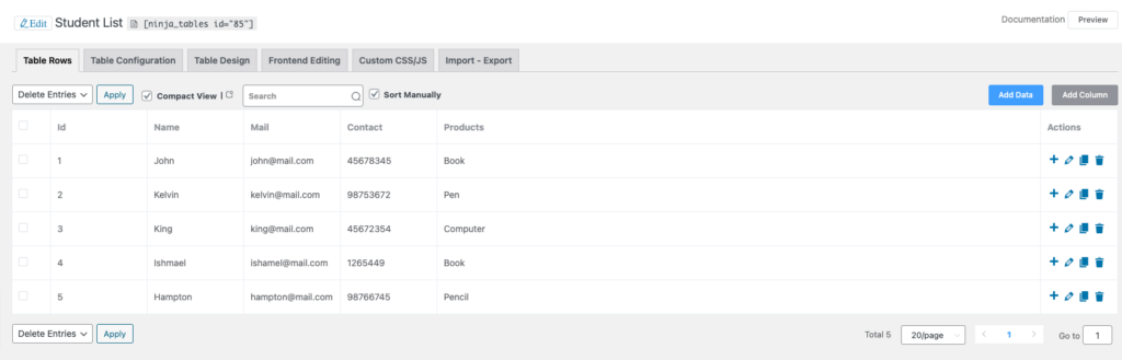 table made from custom SQL query