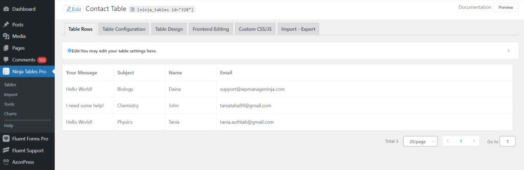 form entries in data table