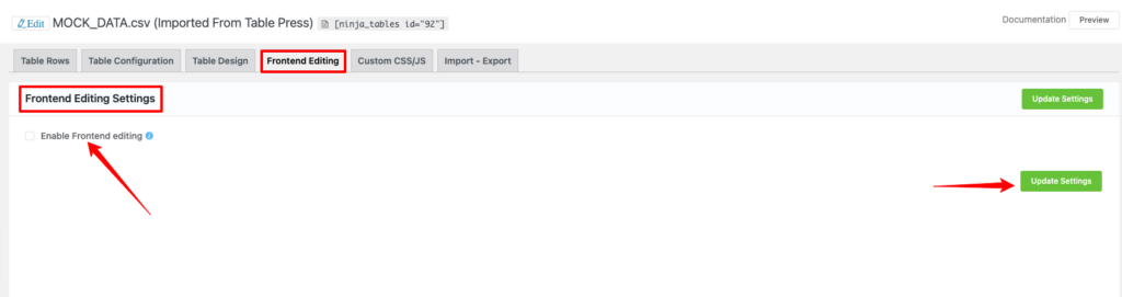 enable frontend editing in ninja tables