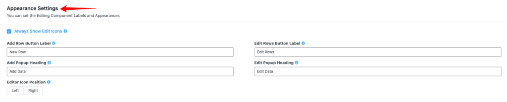 appearance settings for frontend edit