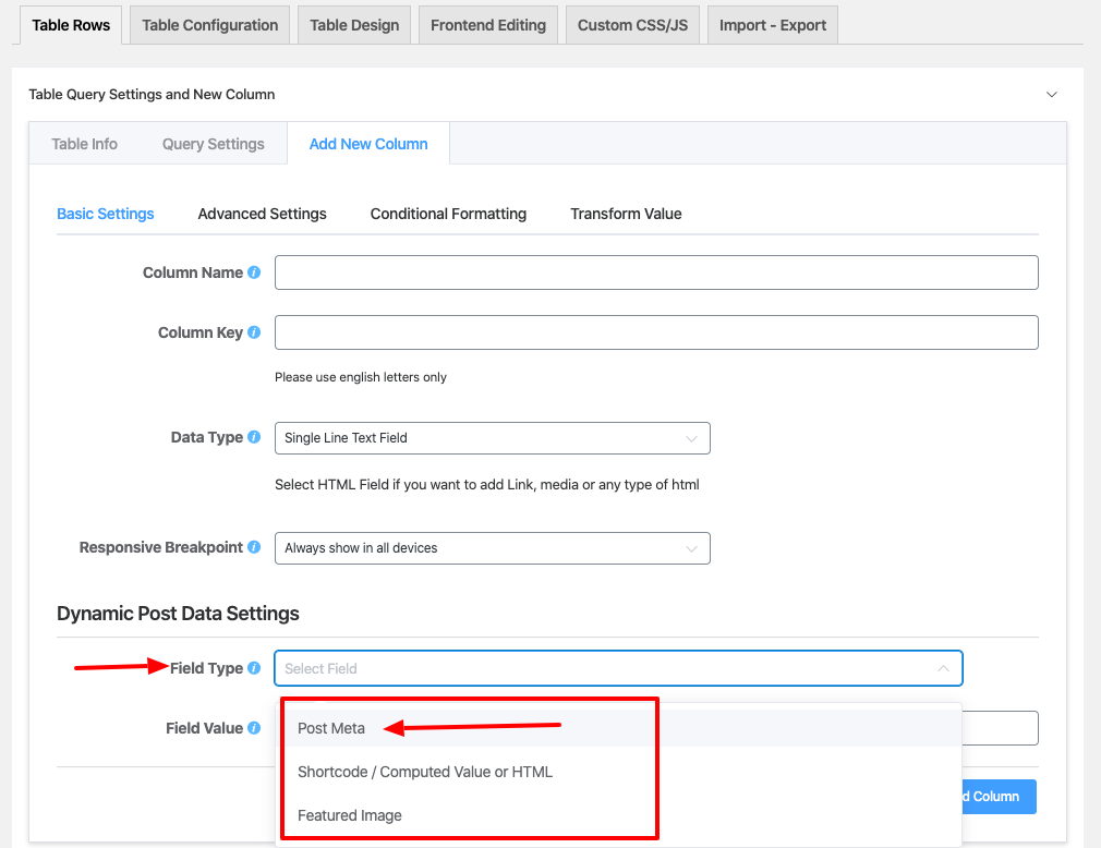 dynamic post data settings