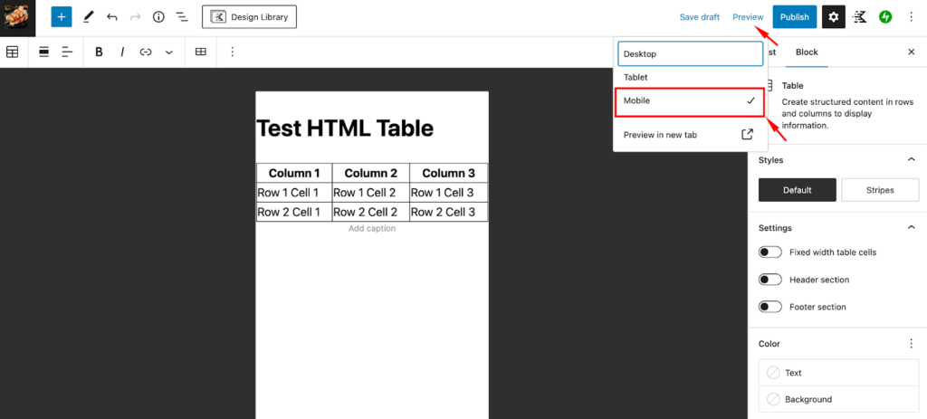 Test the responsiveness of the HTML table