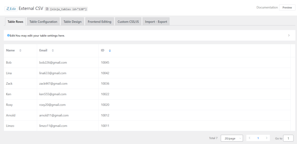 table created from external csv