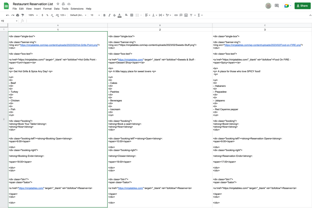 Google Sheet with restaurant details