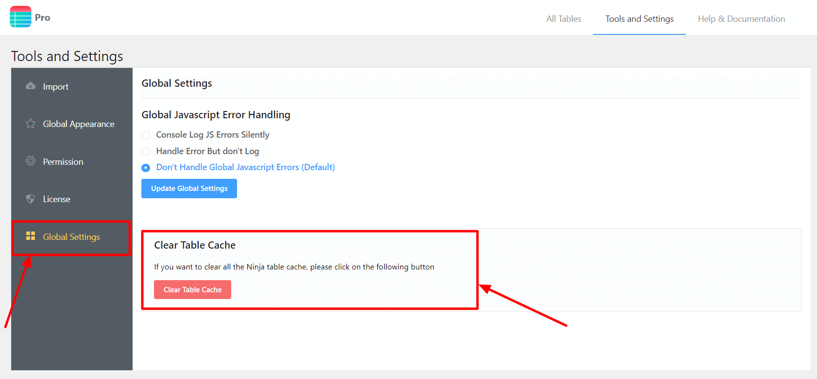 global settings table cache