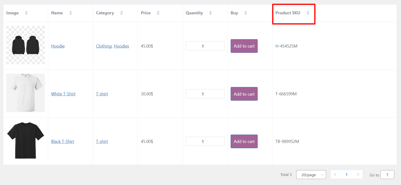 product sku column in woocommerce table