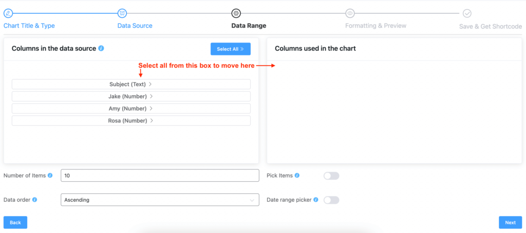 select table columns as bars in chart