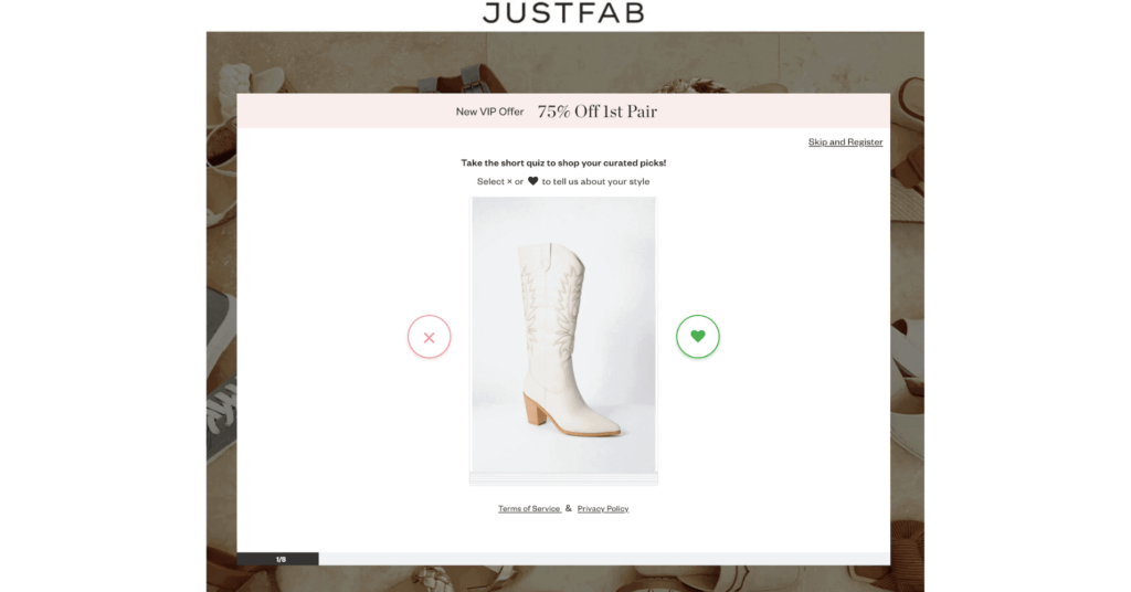 JustFab on-site quiz for conversion