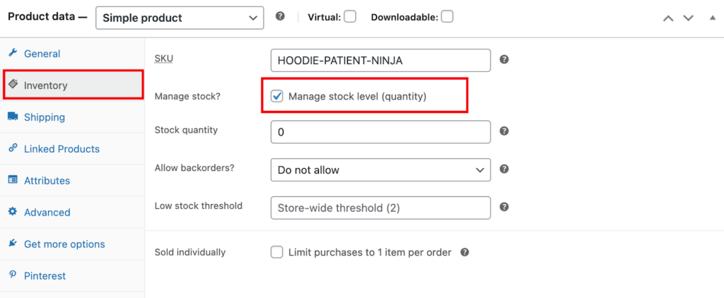 Managing stock status for simple products
