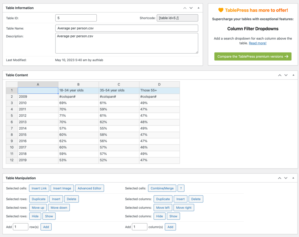 TablePress User Interface