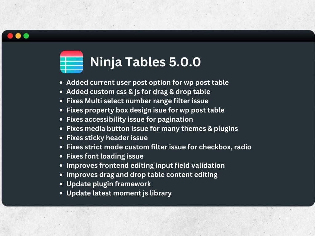 Ninja Tables 5.0.0