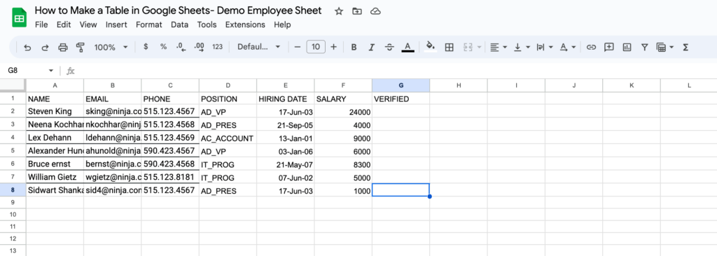 How to make a table in Google Sheets- Add rows