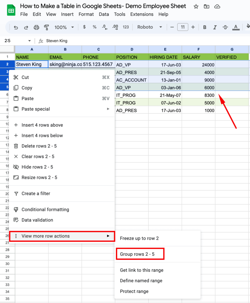 How to make a table in Google Sheets- Collapsible Table- Select Rows- Group Rows