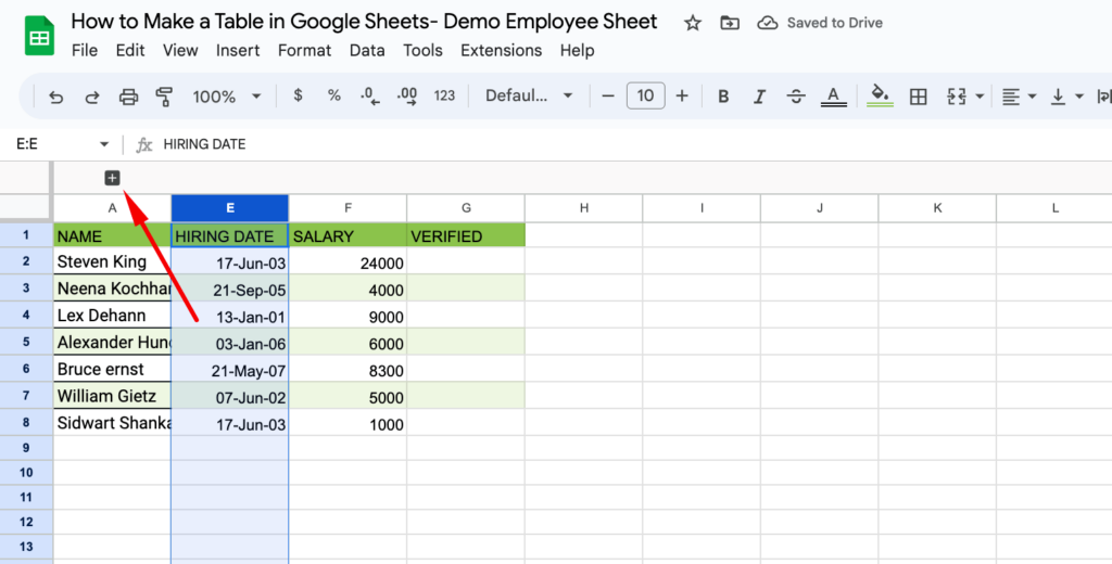 How to make a table in Google Sheets- Collapsible Tables- Collapsed Column- Plus icon to expand