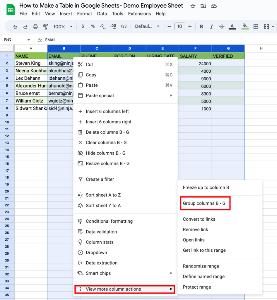 How to make a table in Google Sheets- Collapsible tables- collapse columns- group columns