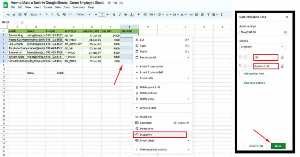 How to make a table in Google Sheets- Dropdown table- select cells- select dropdown
