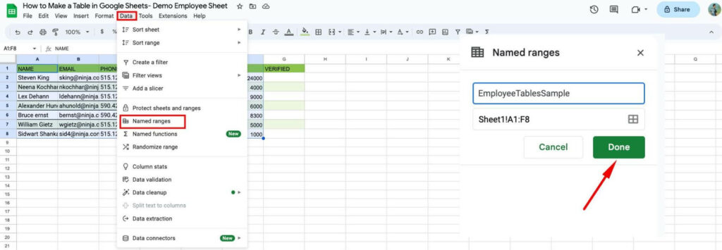 How to make a table in Google Sheets- Functional Table- Named Ranges