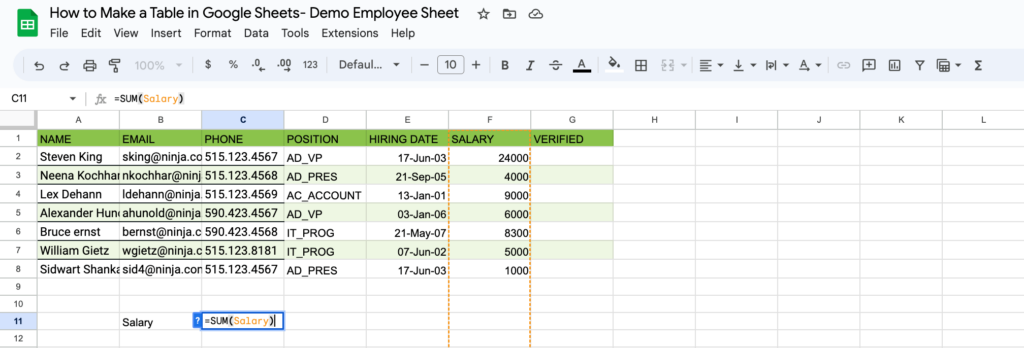 How to make a table in Google Sheets- Functional table- Sum of a column data