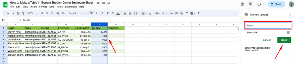 How to make a table in google sheets- name range->name a column