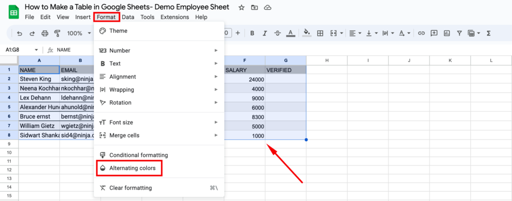 How to make a table in google sheets- Alternating colors- Format- Alternate colors