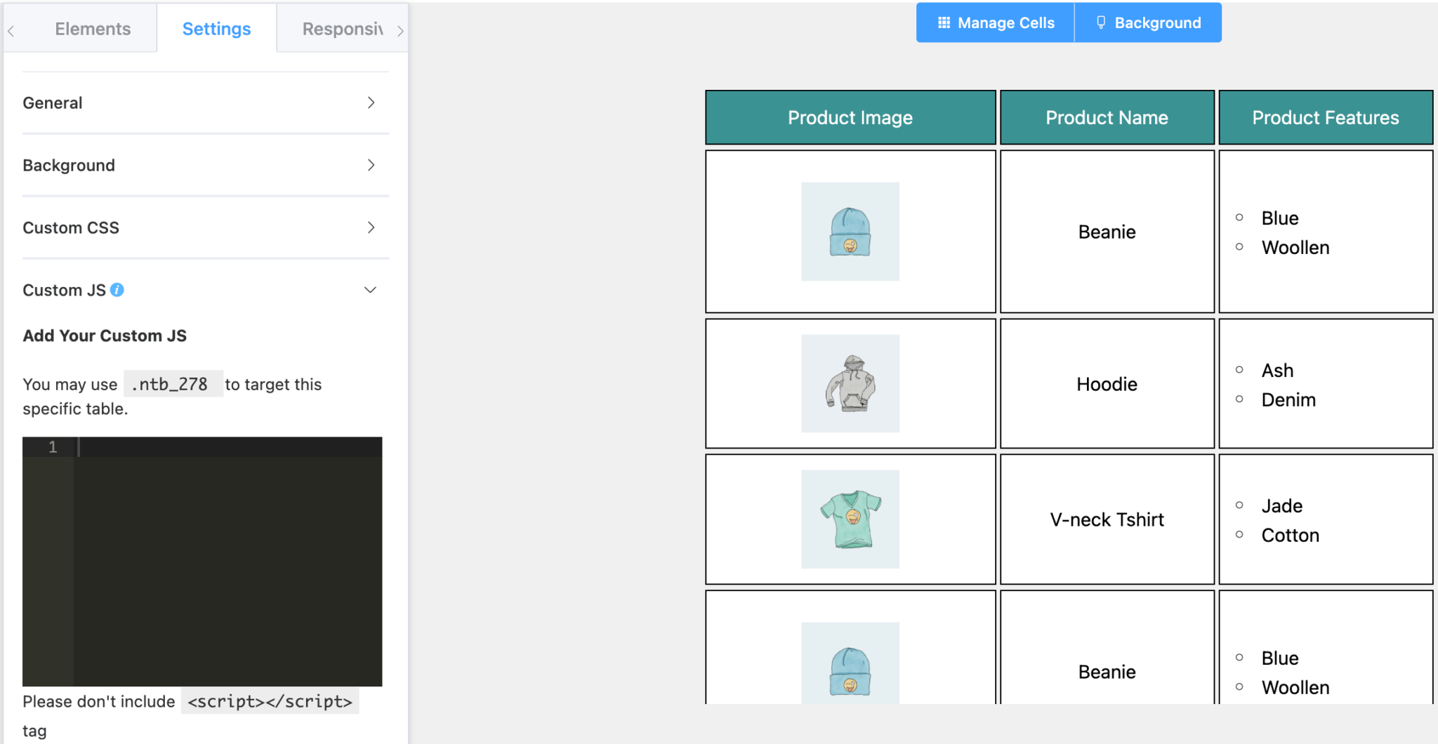 Table Settings and Customization in Drag and Drop Builder