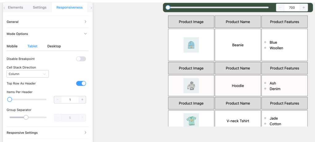 Responsive table on tablets