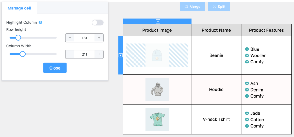 Column Highlight, Size, & Merge/Split in Ninja Tables Drag and Drop Table